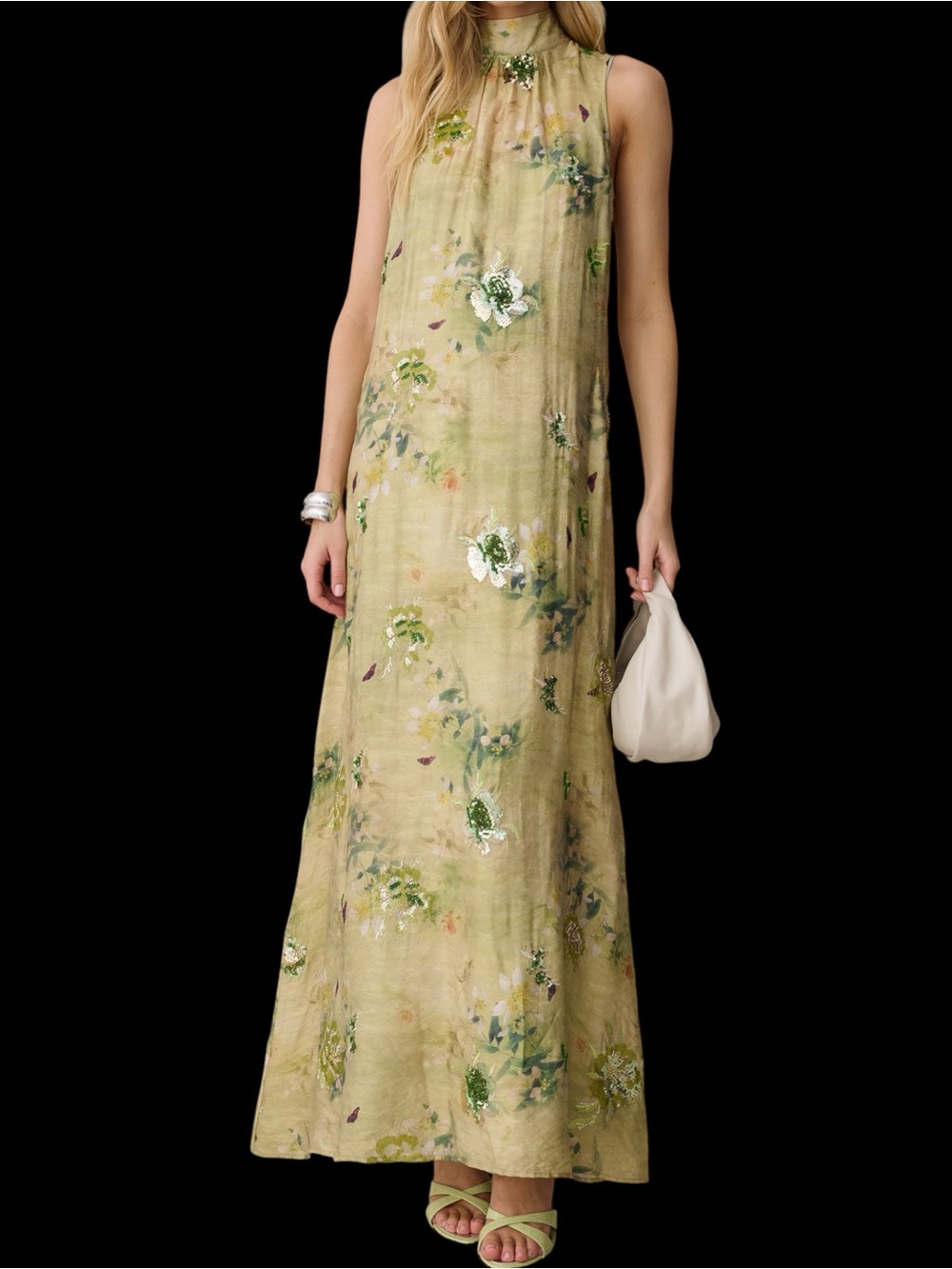 Few Moda o.p.t. Naia Dress Mariposa Sleeveless Olive Floral High-Neck Maxi NWT
